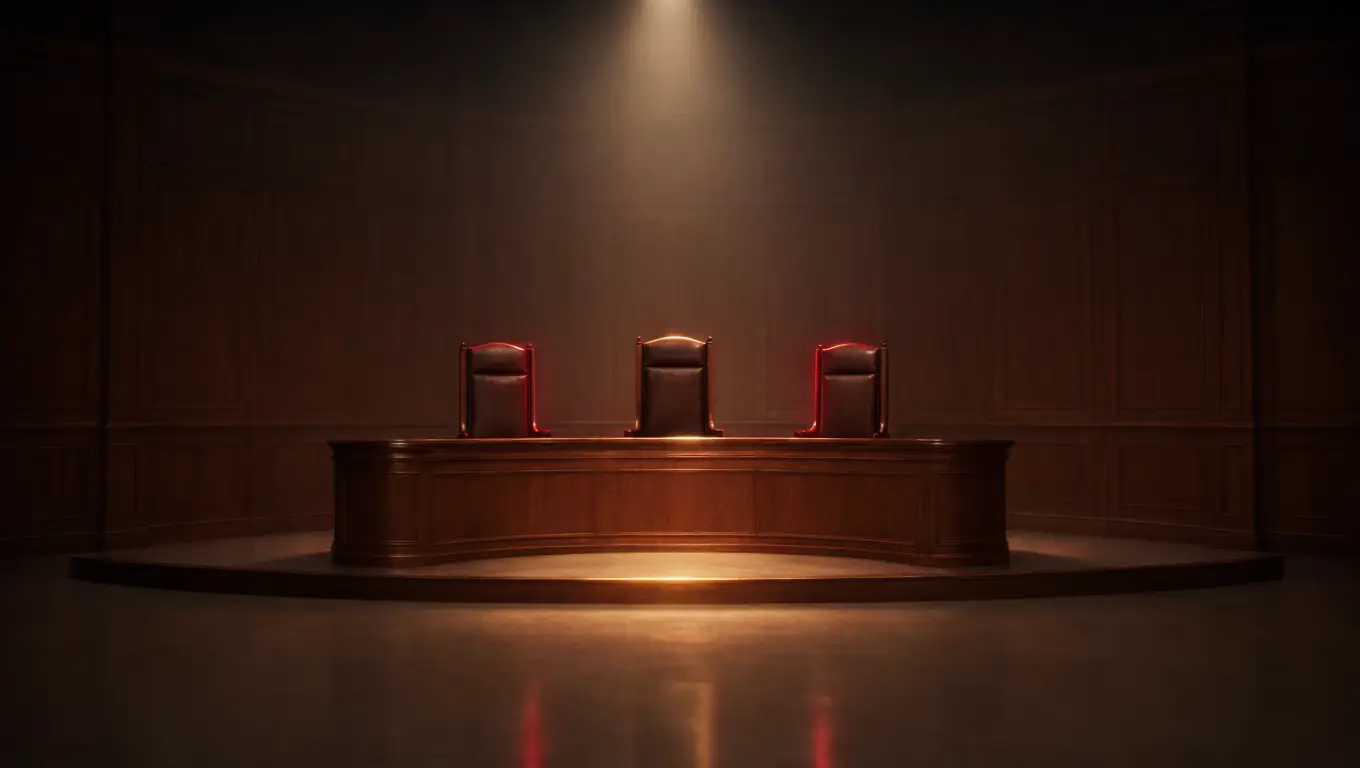 Illustration of three empty judges’ chairs under a spotlight.
