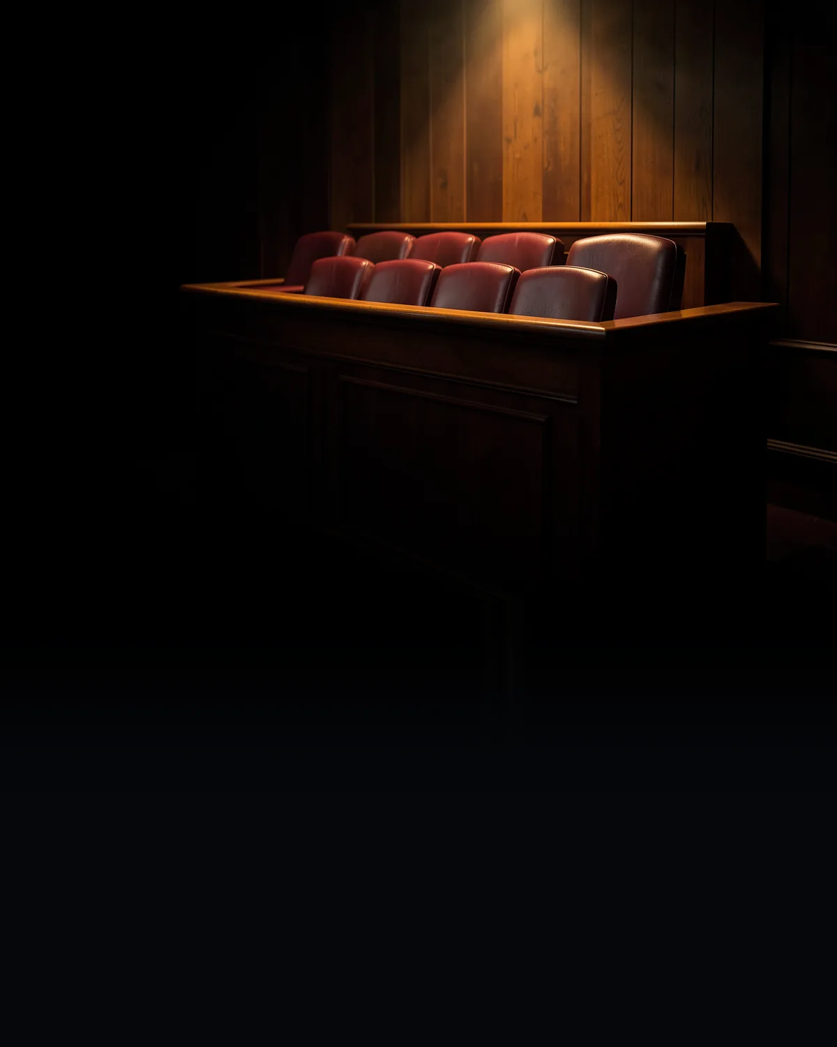 Illustration of an empty courtroom jury box under a single lamp, for the trial court rulings that kept the Fisher Island Day School lawsuit in court.