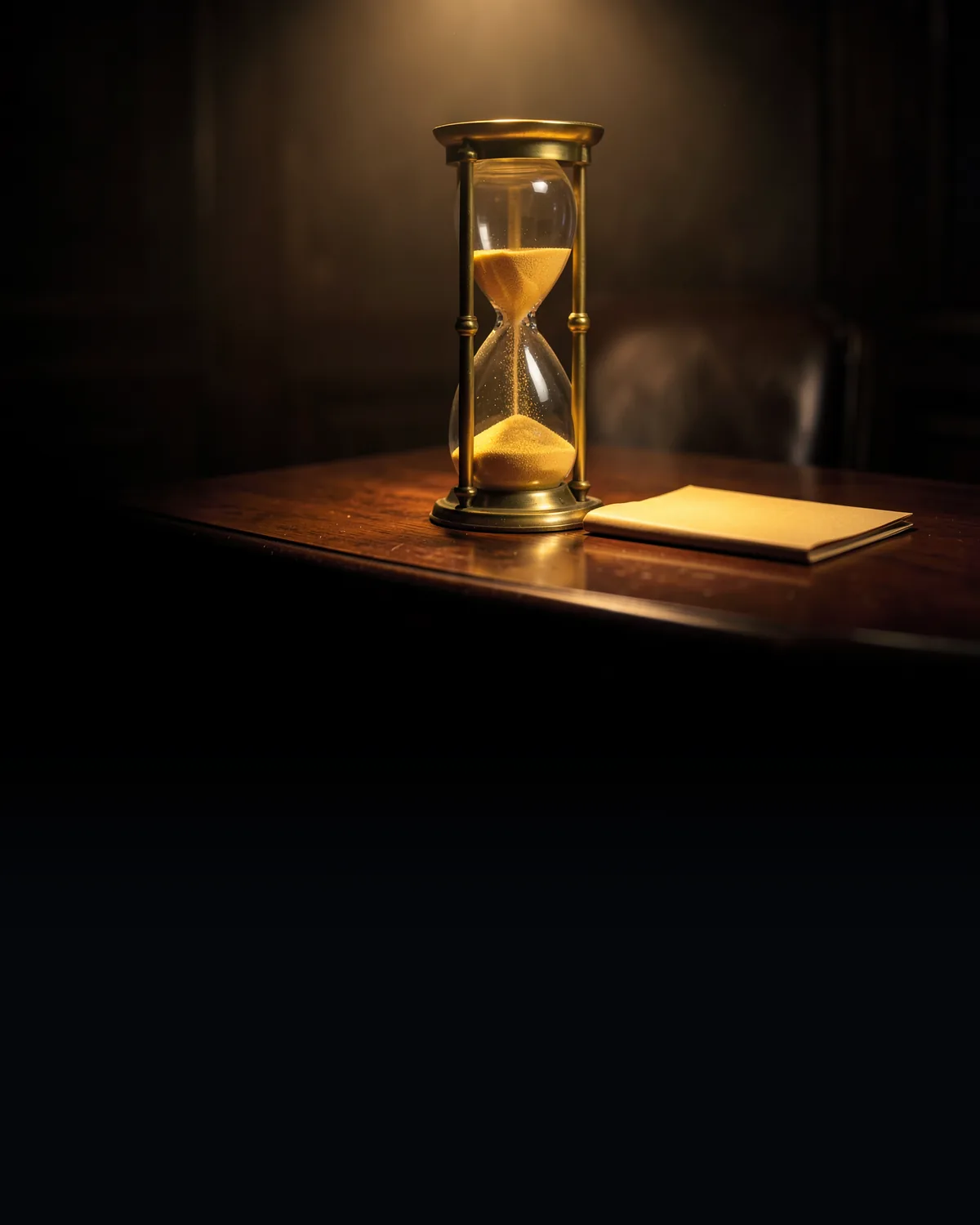 Illustration of a brass hourglass with falling sand beside a closed folder on a courtroom table, for the dispute over moving the trial date in the Fisher Island Day School lawsuit.