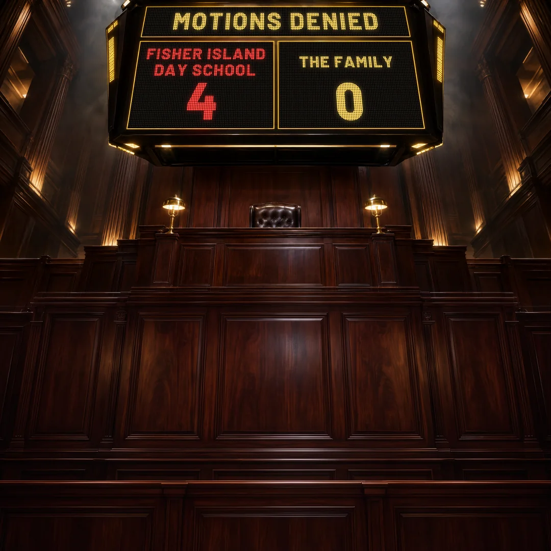 Illustration of a scoreboard over a courtroom judge’s bench reading Motions Denied, Fisher Island Day School 4, The Family 0.