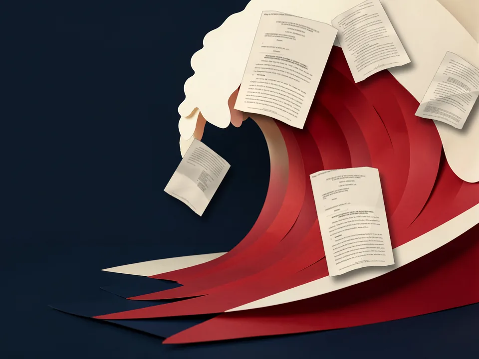 Illustration of a great ocean wave made of cream and red paper carrying crumpled pages of the filed motion to strike and motion to reset the schedule, for the discovery motions section of the Fisher Island Day School lawsuit.