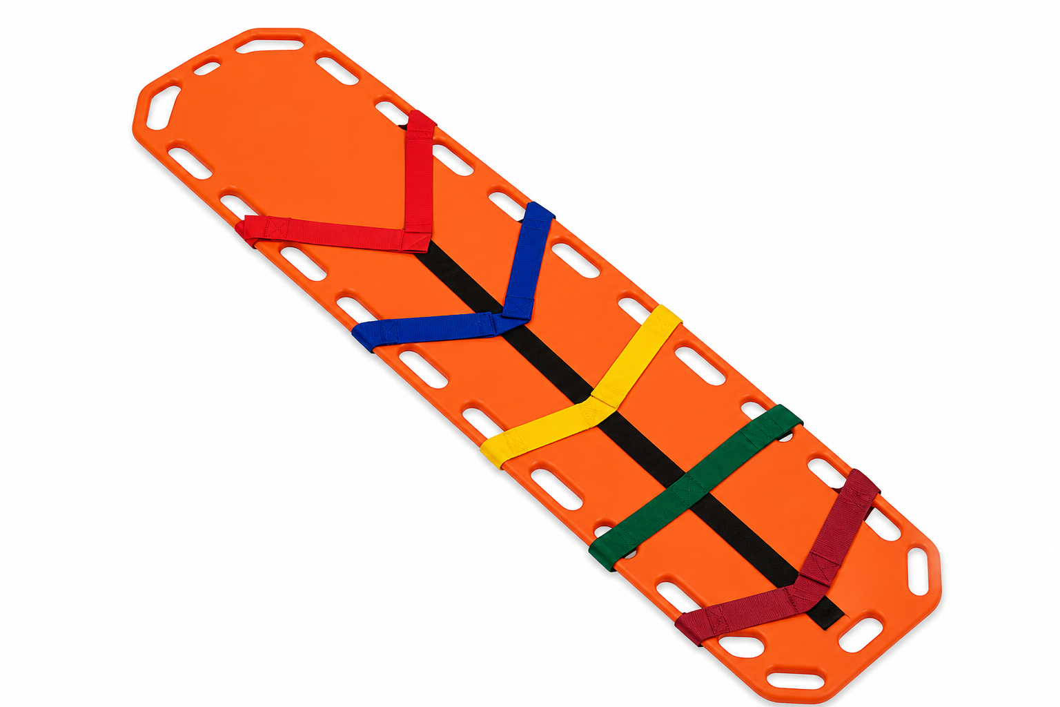 Illustrative orange rigid medical backboard with straps and no head or neck immobilizer